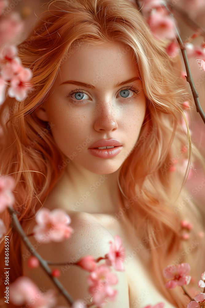 A woman with long red hair is standing in front of a tree with pink flowers. She is wearing a white shirt and has a blue eye shadow. The image has a soft and romantic mood, with the pink flowers A woman with long red hair is standing in front of a tree with pink flowers. She is wearing a white shirt and has a blue eye shadow. The image has a soft and romantic mood, with the pink flowers