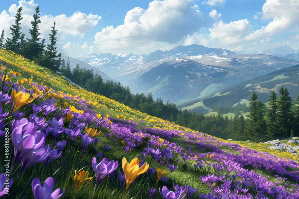 Obraz premium A beautiful field of flowers with a mountain in the background