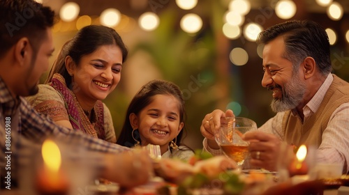 Indian Family Enjoying Festive Dinner Together with Laughter and Candlelight During Festival