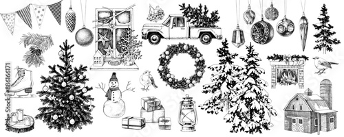 Christmas and new year hand drawn set