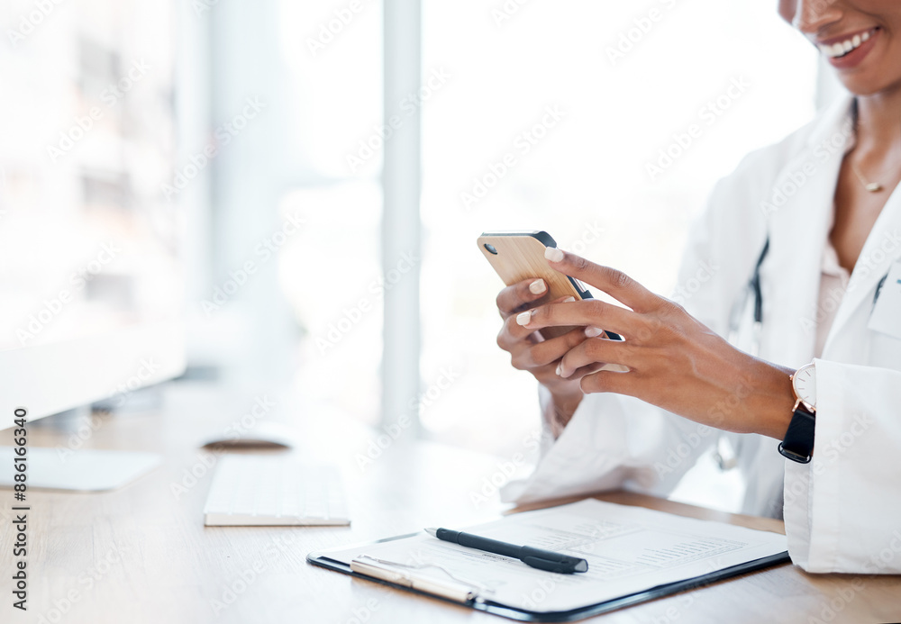 Fototapeta premium Hospital, clipboard and hand of doctor with phone for medical records, info and email to patient. Healthcare, professional and person with tech at desk for telehealth, diagnosis and treatment plan