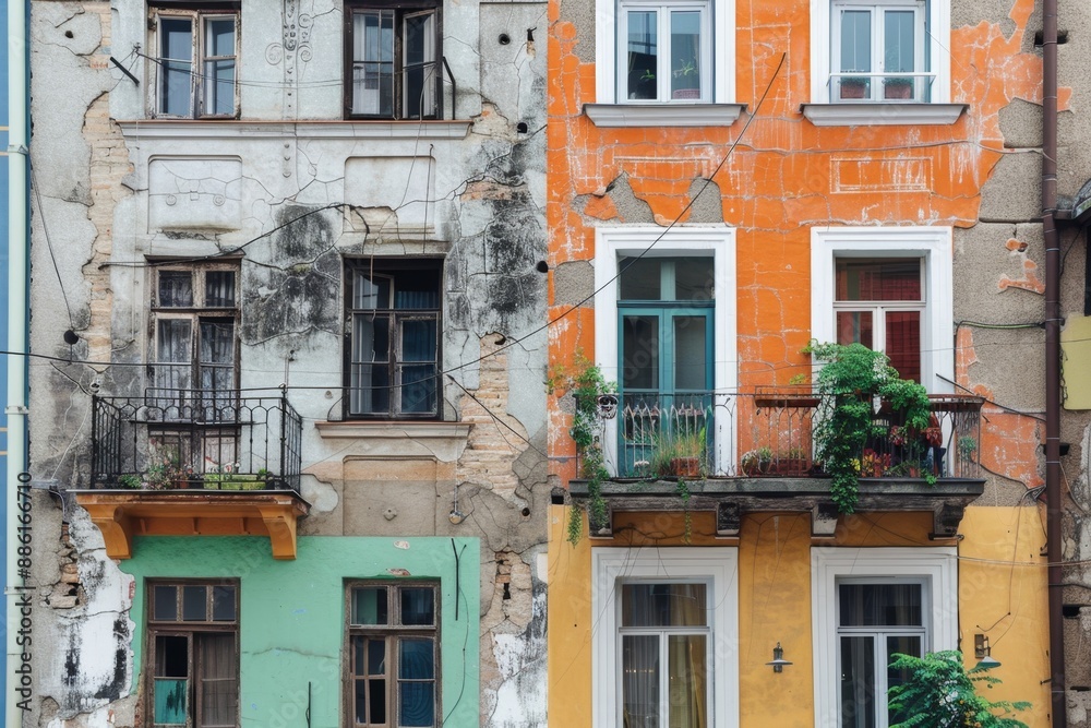 Naklejka premium Comparison of Old Building and Newly Renovated Building, Split View, AI-Generated, 4K High-Resolution Wallpaper