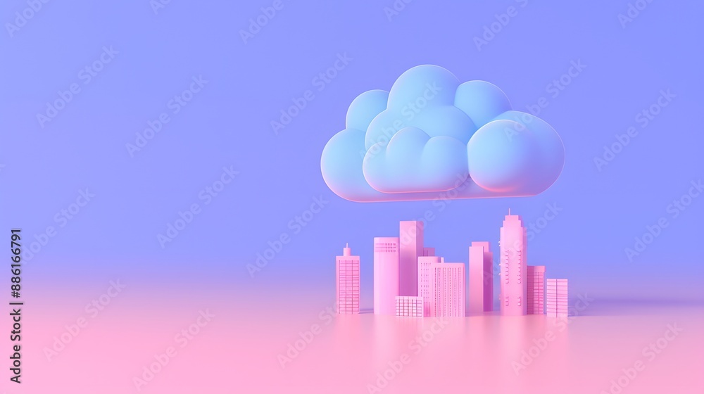 Fototapeta premium Abstract pastel cityscape with pink buildings under a blue cloud in a purple gradient background. Surreal urban concept. 3D Illustration.