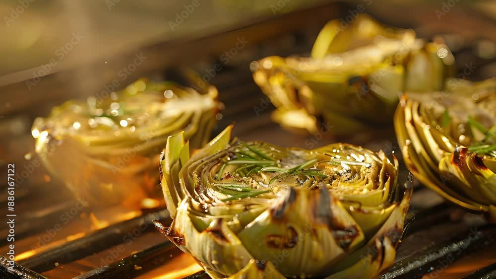 A mouthwatering image of warm grilled artichoke halves glistening with olive oil and es.