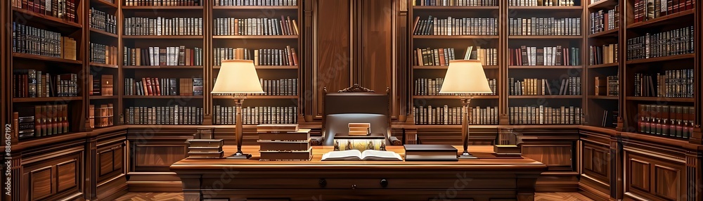 Illuminated Study with Bookshelves and Desk - Realistic 3D Illustration Illuminated Study with Bookshelves and Desk - Realistic 3D Illustration