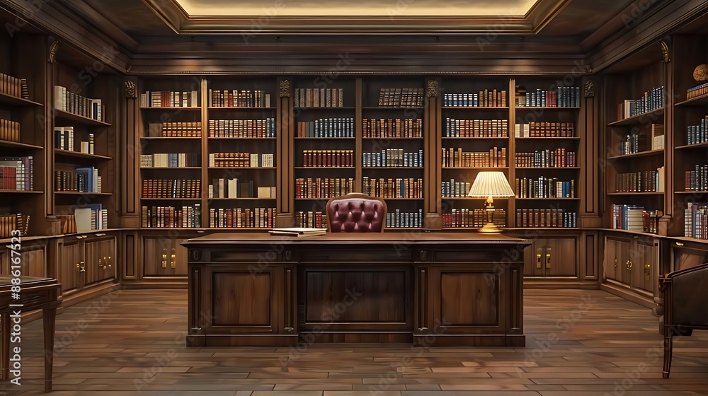 Classic Library Interior with Bookshelves and Wooden Desk - 3D Illustration Classic Library Interior with Bookshelves and Wooden Desk - 3D Illustration
