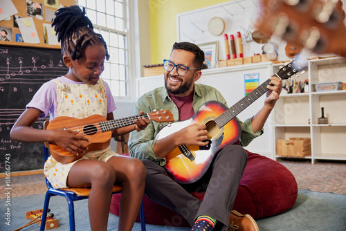 Teacher and students playing guitar together during music lesson photo