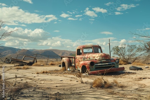 Old rusty truck and car wrecks in the desert of maracay. South African rural landscape with old cars, trucks and farmer's vehicles at ghost town graveyard on the road to well temple, location for movi