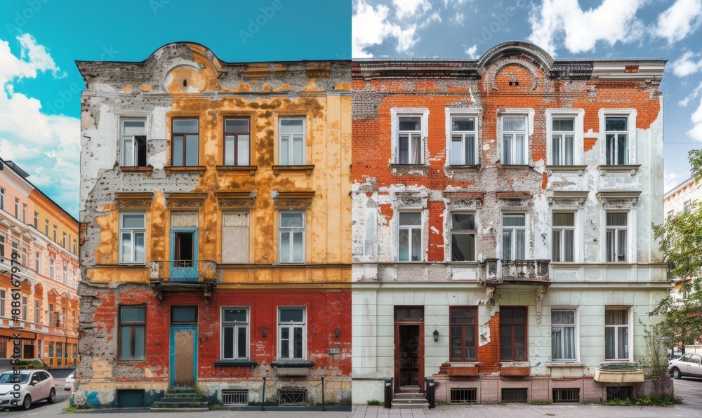Obraz premium Comparison of Old Building and Newly Renovated Building, Split View, AI-Generated, 4K High-Resolution Wallpaper