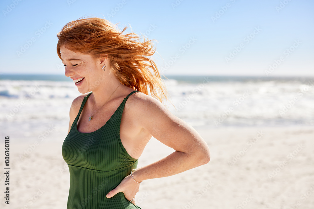 Beautiful curvy woman in green swimsuit enjoy summer vacation at beach Beautiful curvy woman in green swimsuit enjoy summer vacation at beach
