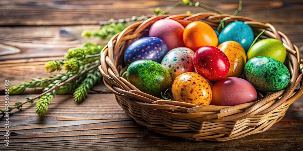 Colorful Easter eggs in a wicker basket, Easter, eggs, basket, holiday, spring, pastel, decoration, traditional, festive