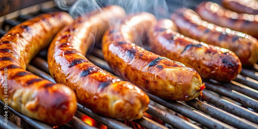 Close up of succulent pork sausages sizzling on barbecue grill , barbecue, sausages, pork, sizzle, grilling, cooking, summer, food Close up of succulent pork sausages sizzling on barbecue grill , barbecue, sausages, pork, sizzle, grilling, cooking, summer, food