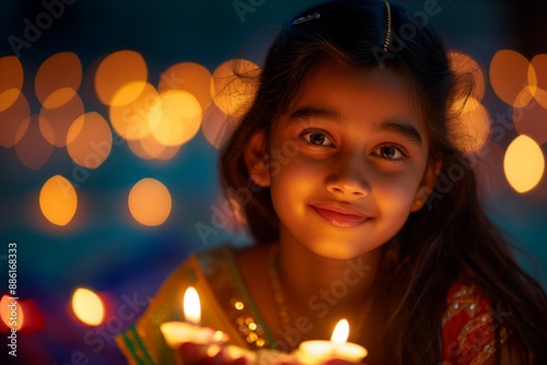 Young Girl Smiling with Diya Lamps During Diwali Night Celebration © movinglines.studio