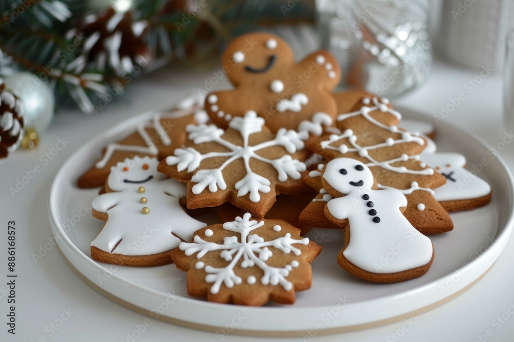 Delicious christmas gingerbread cookies decorated with white icing lying on white plate Delicious christmas gingerbread cookies decorated with white icing lying on white plate