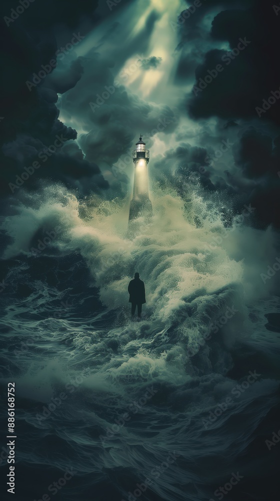 Verloren in der Dunkelheit: Mann vor Leuchtturm