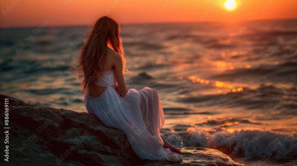 Woman sitting on a rock by the sea with sunset Woman sitting on a rock by the sea with sunset