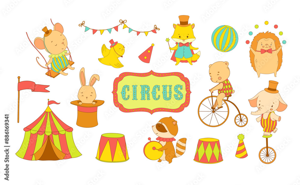 Obraz premium Circus cute animals, color illustrations set for nursery and kids. Woodland baby characters - elephant, bear on bike and bunny in magic hat