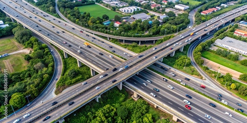 Aerial view of a busy expressway showcasing road traffic in Thailand, expressway, aerial view