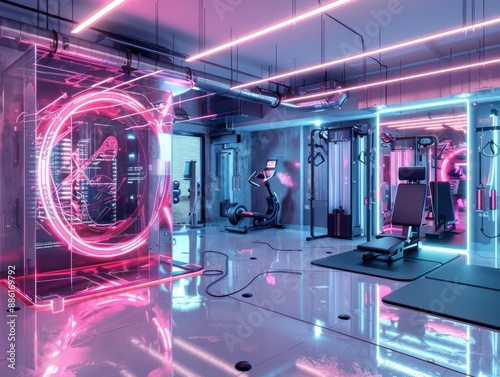 Modern Futuristic Gym with Holographic Workout Guides and Smart Resistance Bands for High-Tech Fitness Experience, Generative Ai photo