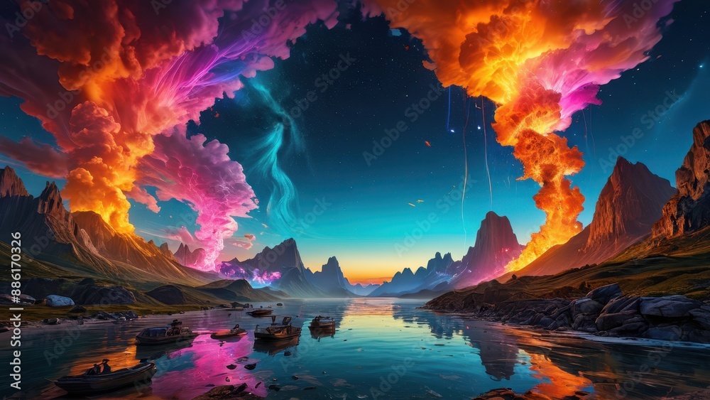 Fototapeta premium Fantasy Landscape with Boats and Colorful Clouds.