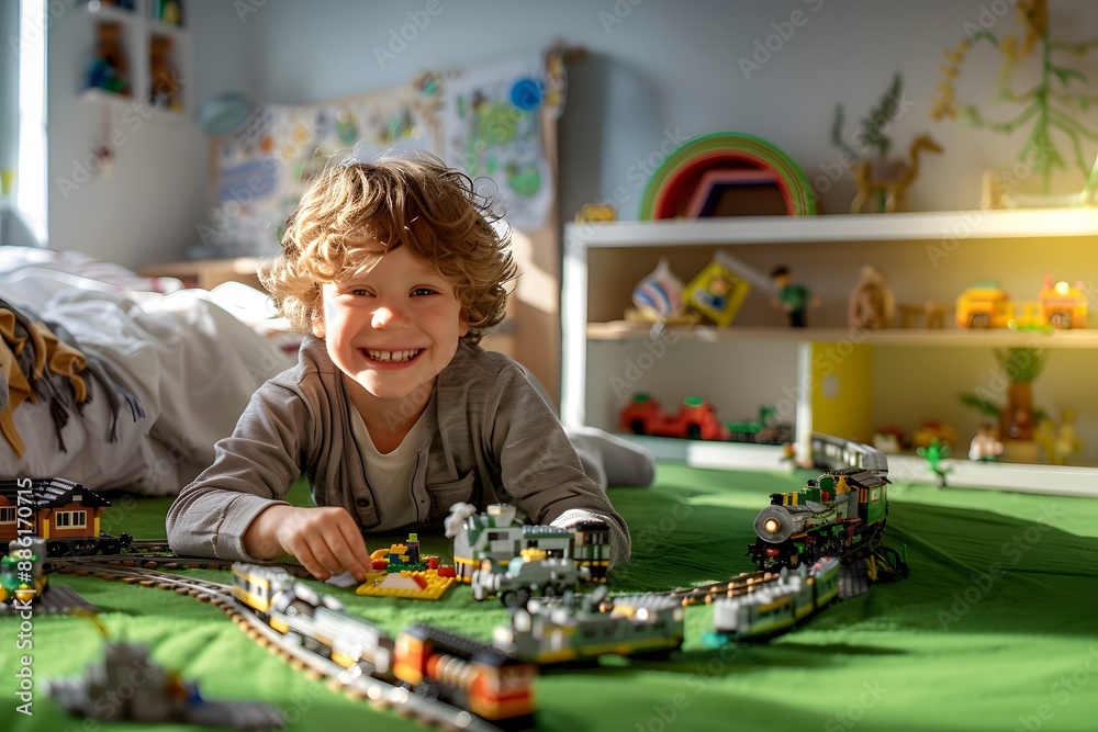 Happy Child Playing with Toy Train Set in Bedroom Happy Child Playing with Toy Train Set in Bedroom