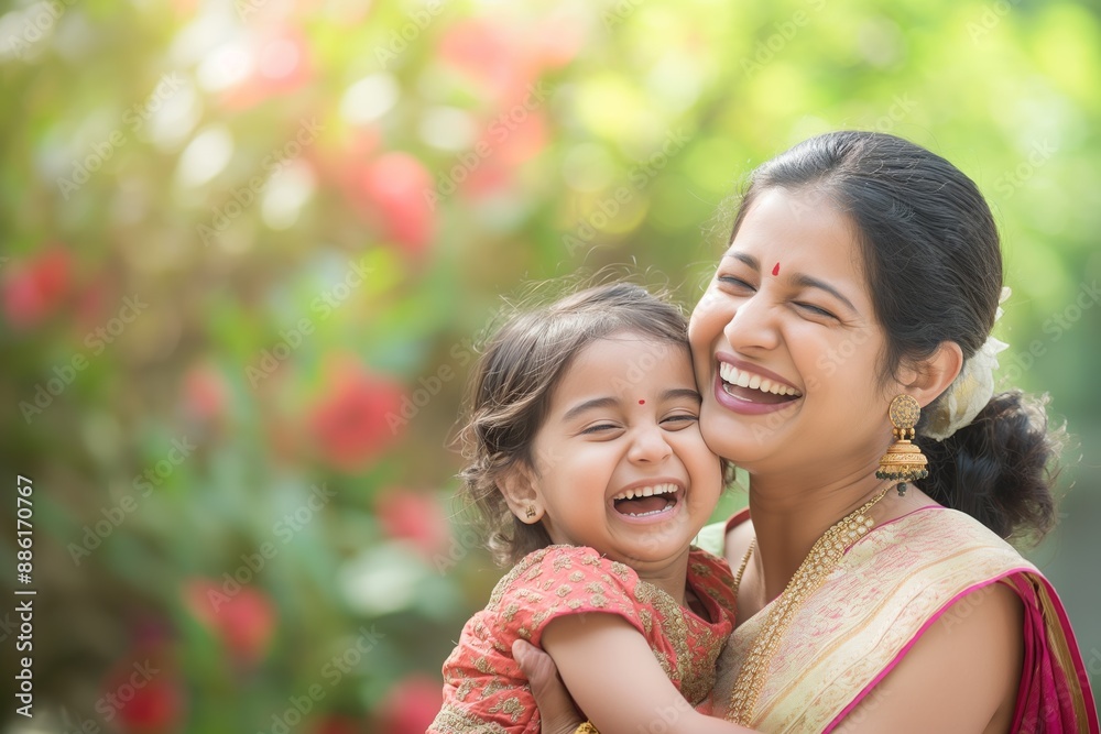 Fototapeta premium Indian Mother Holding and Laughing with Her Child in a Garden Setting