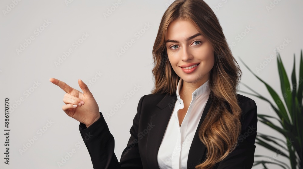business woman pointing at Empty Space isolated on gray background business woman pointing at Empty Space isolated on gray background