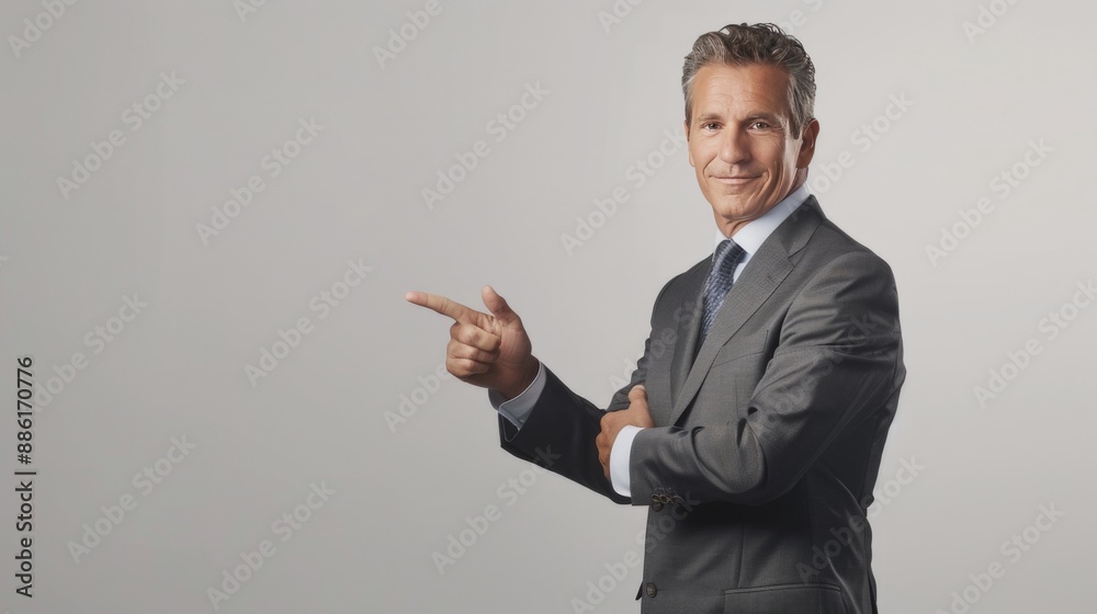 A confident businessman isolated on grey pointing finger aside at copyspace A confident businessman isolated on grey pointing finger aside at copyspace
