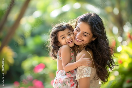 Indian Mother Holding and Laughing with Her Child in a Garden Setting