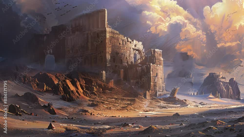 Ancient alien ruins stand amidst a harsh desert landscape, 4K animation ...