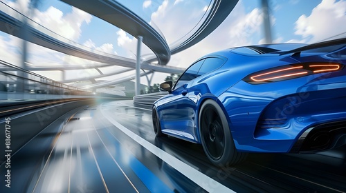View of the blue business car's rear as it turns quickly. Blue automobile racing down a freeway at top speed.