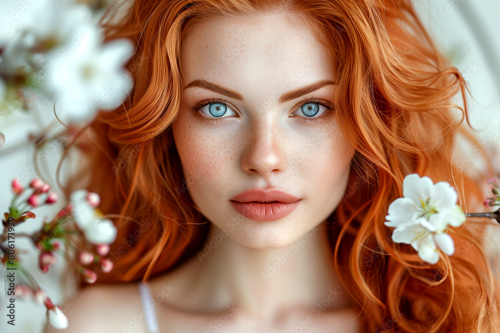 A woman with red hair and blue eyes is standing in front of a bunch of white flowers. She is wearing a white top and has a natural, relaxed expression on her face. Concept of beauty and simplicity A woman with red hair and blue eyes is standing in front of a bunch of white flowers. She is wearing a white top and has a natural, relaxed expression on her face. Concept of beauty and simplicity