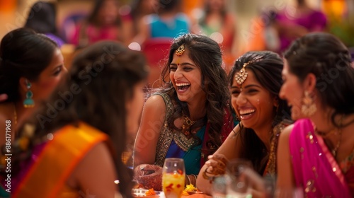 Festive Indian Women in Colorful Sarees Laughing and Celebrating Together photo