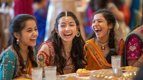 Young Indian Women in Traditional Attire Laughing Together at a Festive Gathering photo