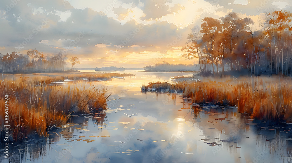 Fototapeta premium Serene landscape painting of a tranquil water scene at sunset with reflections, autumn foliage, reeds, and distant trees.
