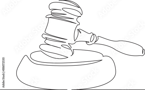 One continuous single drawing line art flat doodle judge, gavel, legal, justice, criminal, law, hammer, court, verdict. Isolated image hand draw contour on a white background