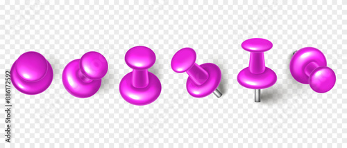 Vector 3D purple push pin with shadow isolated on transparent background. Set of realistic plastic thumbtack in different angles.