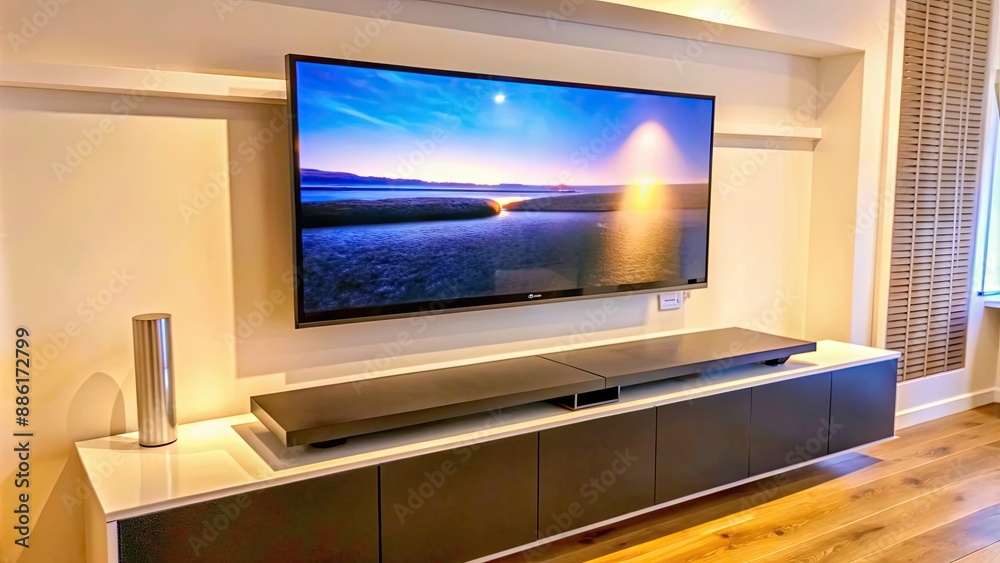 Fototapeta premium Modern soundbar integrated with television, entertainment, technology, home theater, audio equipment