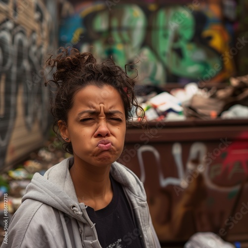 Junge Frau vor Graffiti und Müll photo