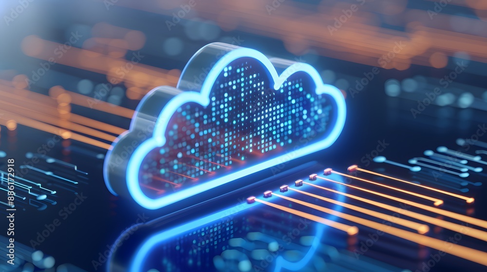 Digital cloud graphic representing data storage and technology over a blue and orange circuit board. Ideal for tech industry concepts. 3D Illustration. Digital cloud graphic representing data storage and technology over a blue and orange circuit board. Ideal for tech industry concepts. 3D Illustration.
