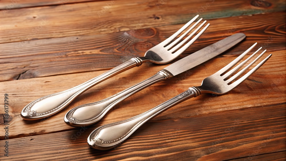 Three shiny silver cutleries on a wooden table, knife, fork, spoon, silver, cutlery, utensil, dining, tableware, kitchen Three shiny silver cutleries on a wooden table, knife, fork, spoon, silver, cutlery, utensil, dining, tableware, kitchen