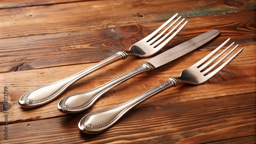 Three shiny silver cutleries on a wooden table, knife, fork, spoon, silver, cutlery, utensil, dining, tableware, kitchen