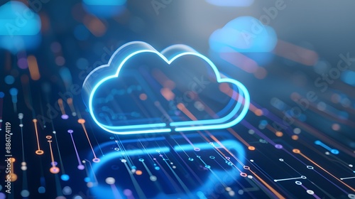 Digital cloud technology concept with futuristic circuit board background, representing data storage and virtual server solutions. 3D Illustration.
