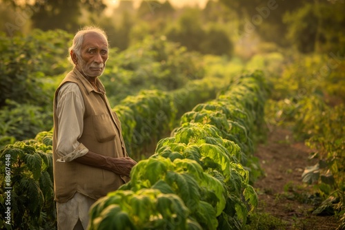 Elderly sad Indian Farmer in Brown Vest Standing Amidst Green Crops at Dusk