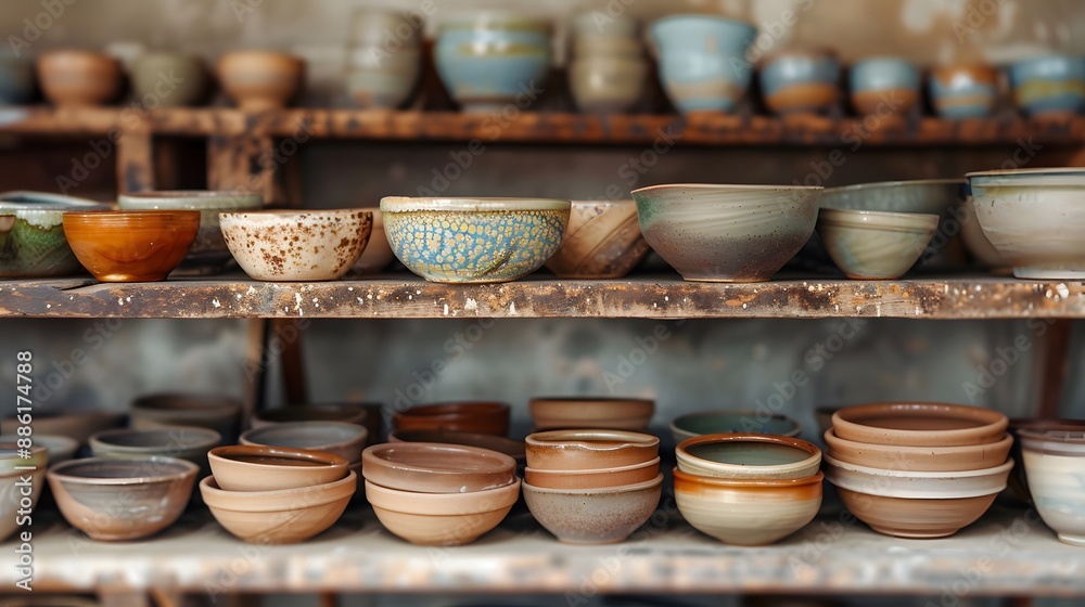 Assortment of handmade pottery bowls arranged on a shelf, warm studio lighting, artisanal and crafty mood, detailed pottery glazes and shapes, creative and rustic, Assortment of handmade pottery bowls arranged on a shelf, warm studio lighting, artisanal and crafty mood, detailed pottery glazes and shapes, creative and rustic,