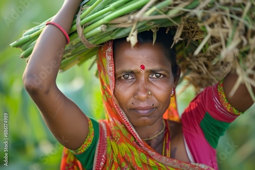 Close-Up of Indian Woman Farmer Carrying Freshly Cut Grass on Her Head