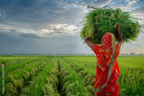 Indian Farmer in Red Sari Carrying Freshly Cut Grass in Lush Green Field photo