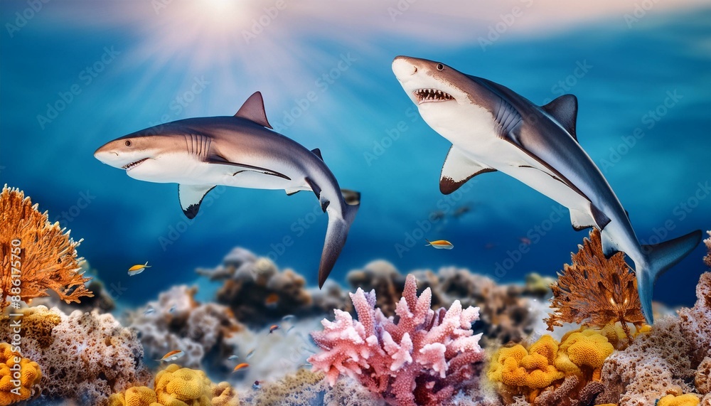 Fototapeta premium Ocean Ballet: Playful Sharks Dancing Amidst Vibrant Coral