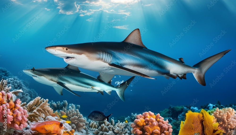 Obraz premium Ocean Ballet: Playful Sharks Dancing Amidst Vibrant Coral