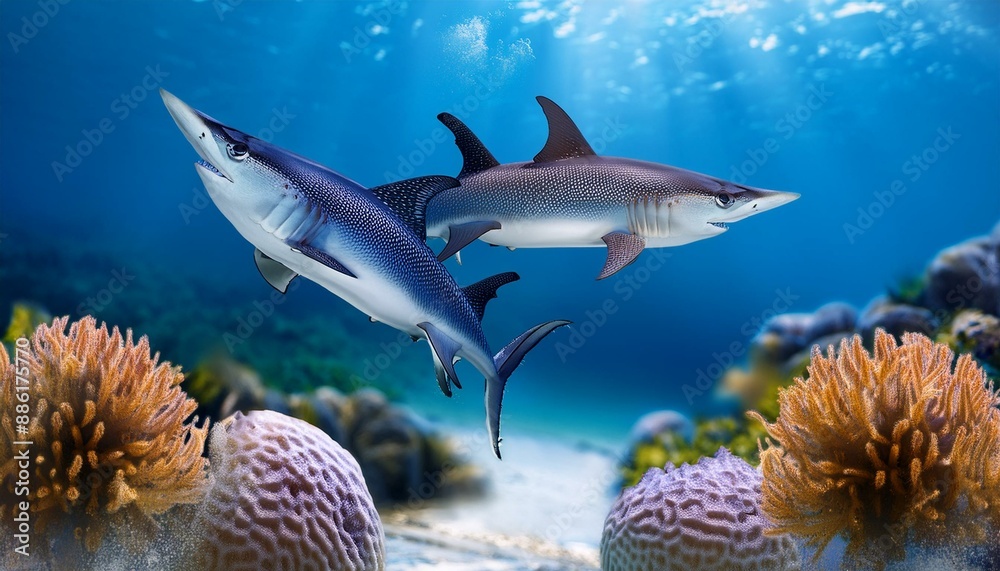 Fototapeta premium Ocean Ballet: Playful Sharks Dancing Amidst Vibrant Coral